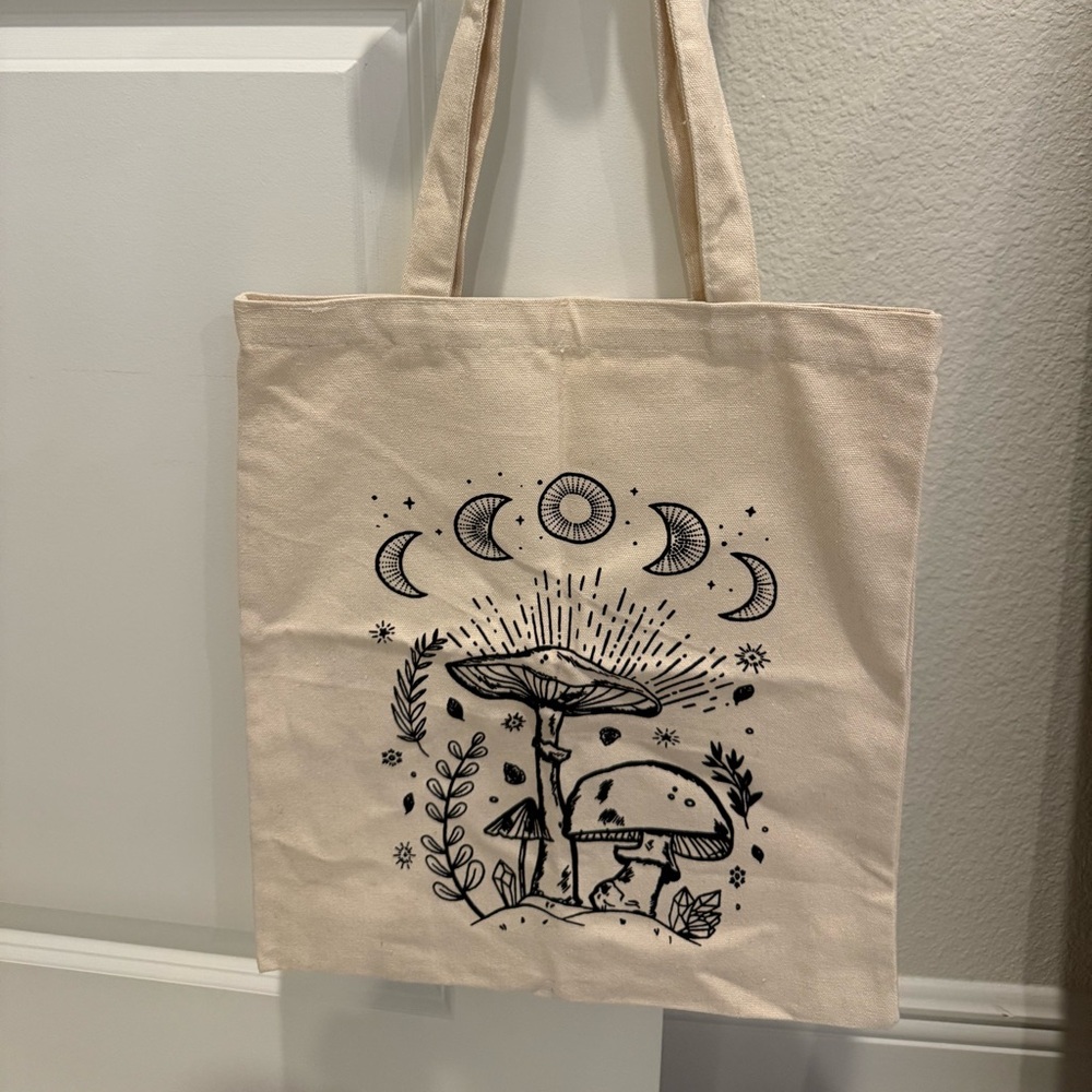 Cream Canvas Tote Bag with Black Moon Phases and Mushroom Design